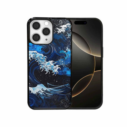 iPhone 15 Pro Max Case — Nautical Wave Black Blue Ink Wave, Custom Art Phone Cover