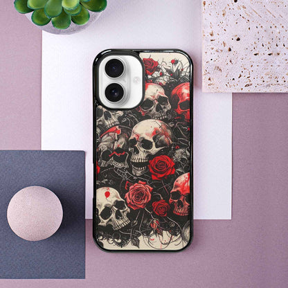 iPhone 16 Case — Skull And Roses Black Red Ink, Custom Printed Phone Case