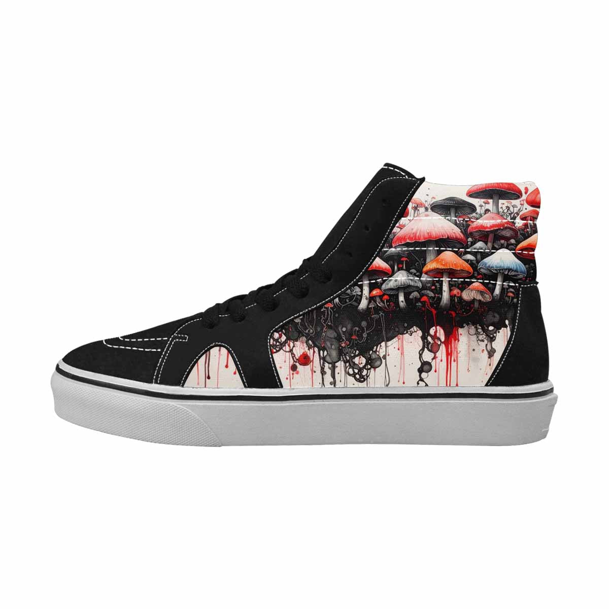 WOMEN'S Mushrooms Black & Red Ink High Top Canvas One Of A Kind Aesthetic Custom Art Shoes
