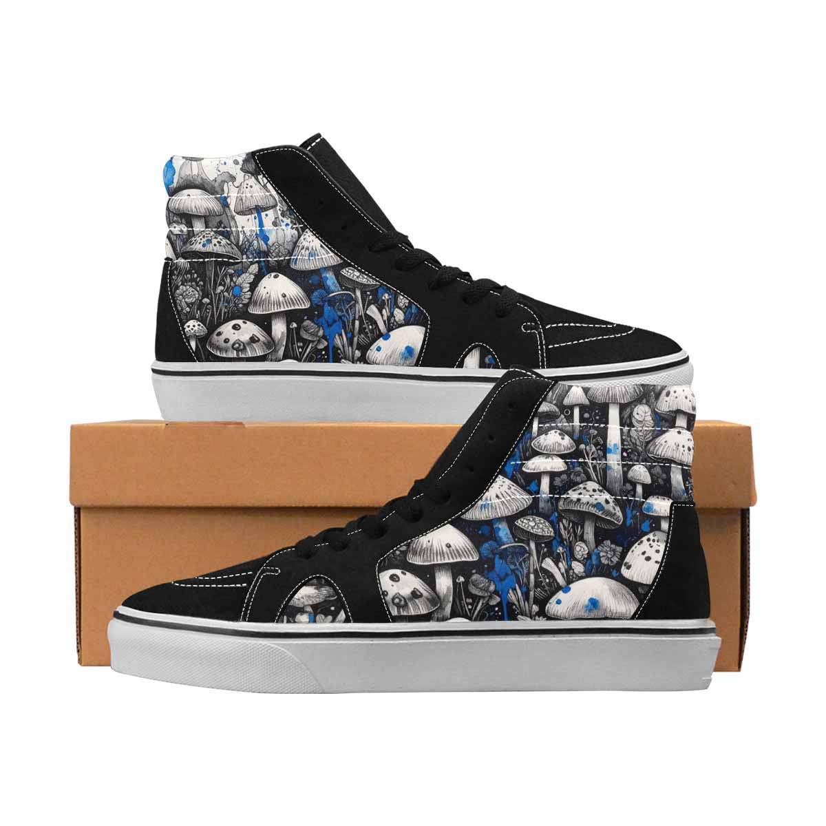 MEN'S Mushrooms Black & Blue Ink High Top Canvas Custom Design Dark Academia Limited Edition Sneakers