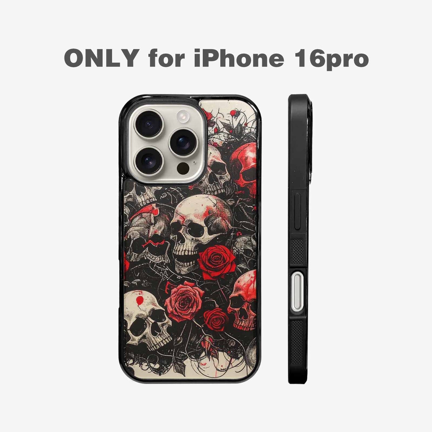 iPhone 16 Pro Case — Skull And Roses Black Red Ink, Custom Designed Case Cover