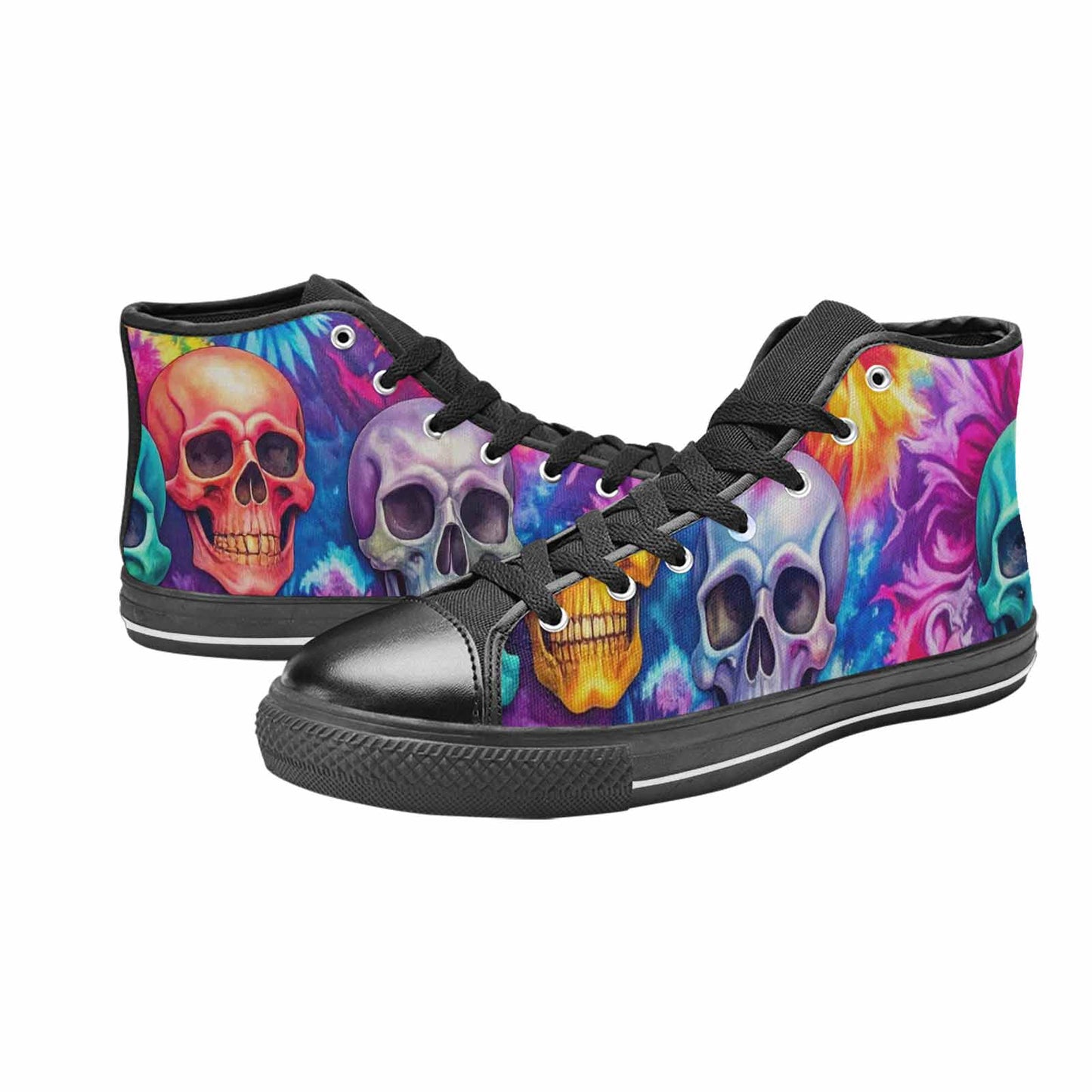 WOMEN'S Tie Dye Skulls Print High Top Canvas Vibrant Chaos Sneakers