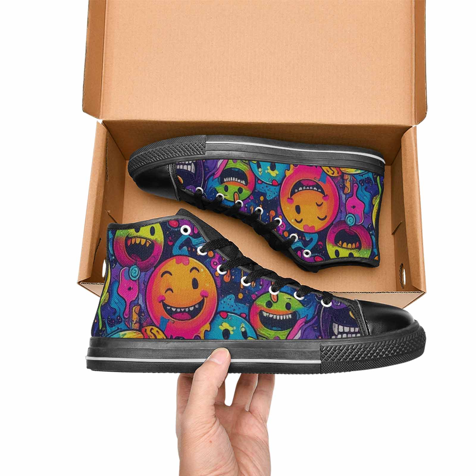 MEN'S Yellow Smiley Face High Top Canvas Vivid Sneakers