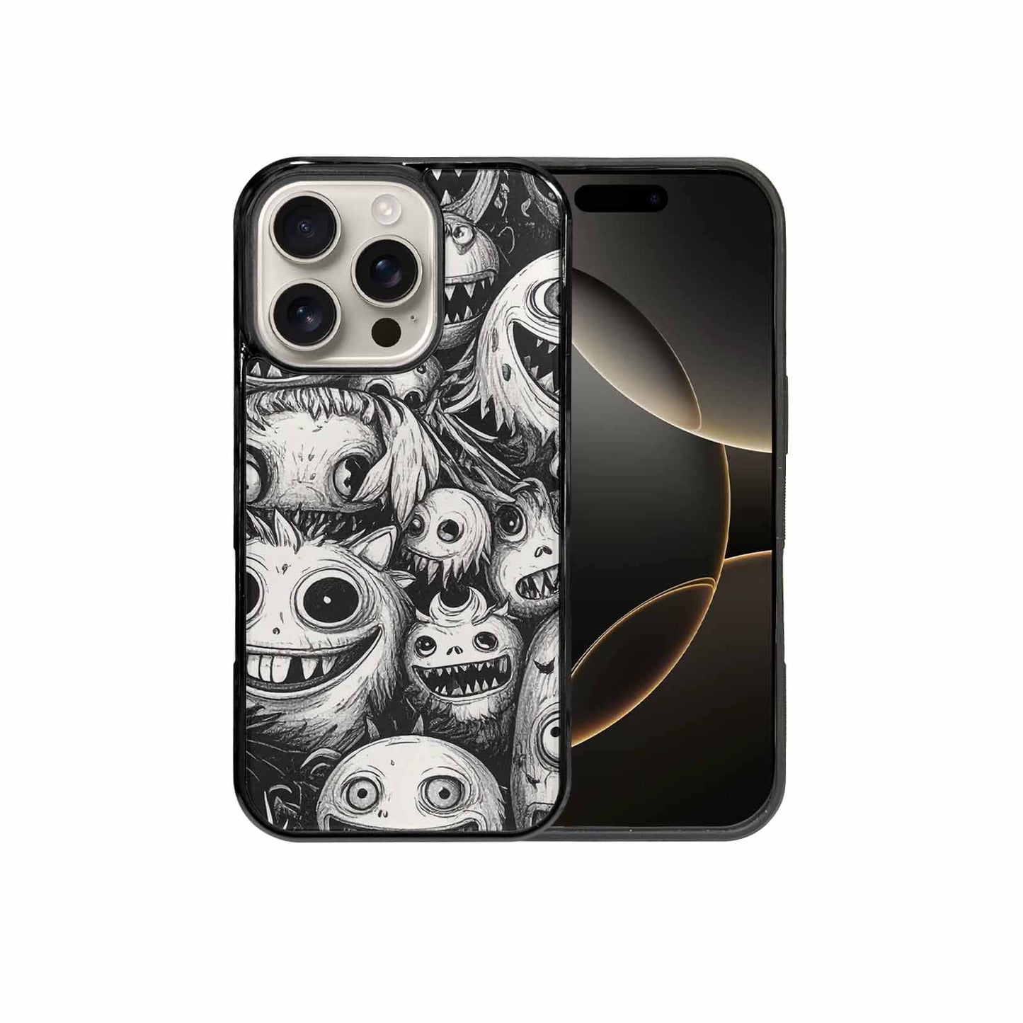iPhone 16 Pro Case — Black And White Monster Face Collage, Custom Printed Phone Case