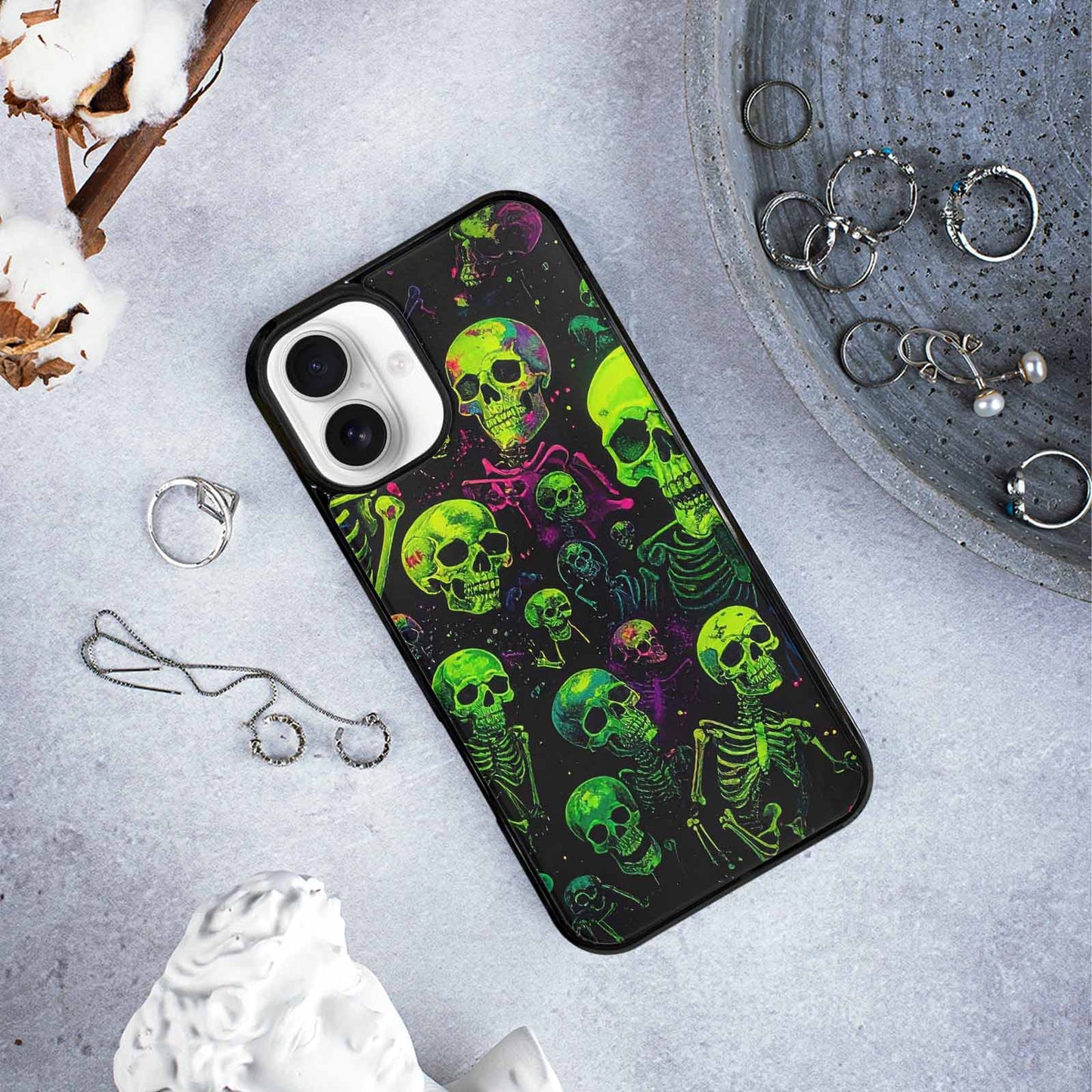 iPhone 16 Plus Case — Skeletons Neon Green Glow Skeletons Pattern, Custom Printed Phone Case