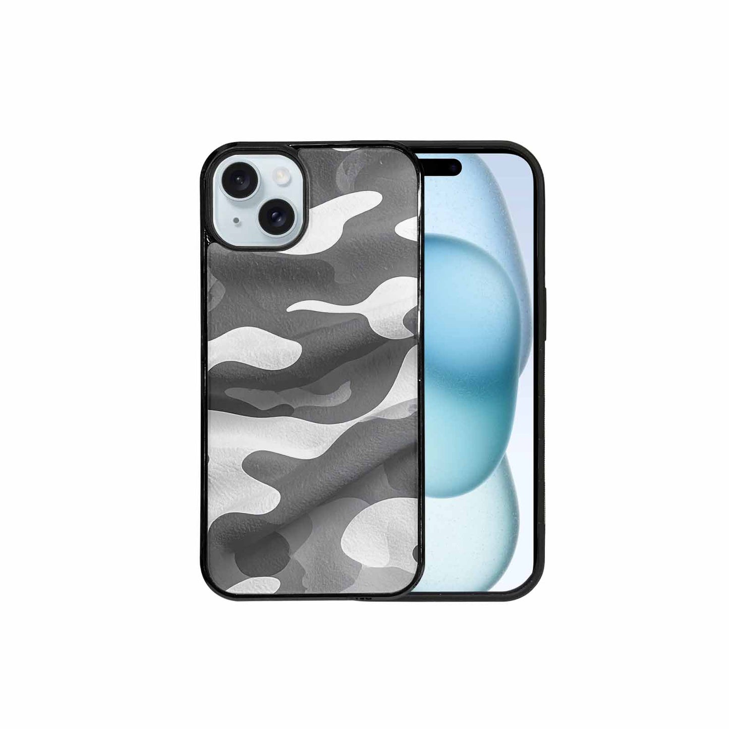 iPhone 15 Plus Case — Grey Camo Print, Custom Art Phone Cover