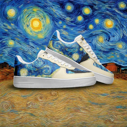 Custom Starry Night Art high-top canvas shoes with bold all-over art — Freaky Shoes