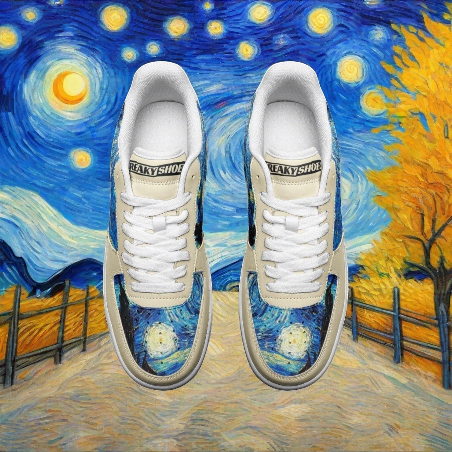 Starry Night Art custom high-top canvas shoes — wearable art by Freaky Shoes