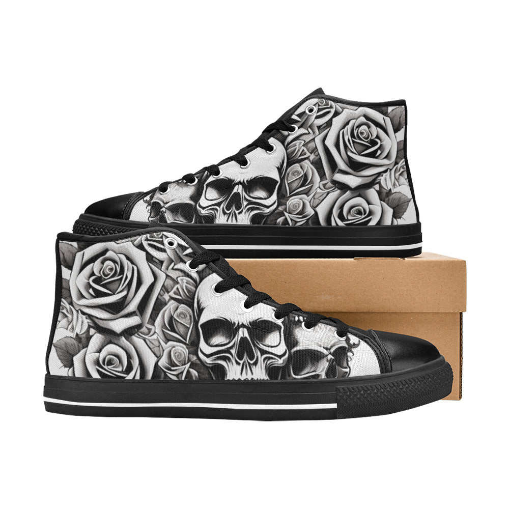 MEN'S Skull Roses Black White High Top Canvas Aesthetic Shoes