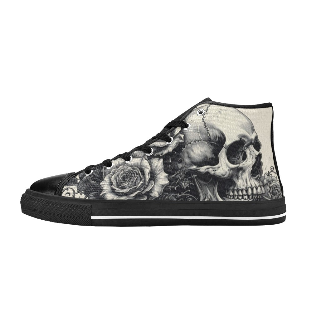 Monochrome Gothic Skull Men's Dark Art High Top Canvas Shoes | Freaky Shoes®