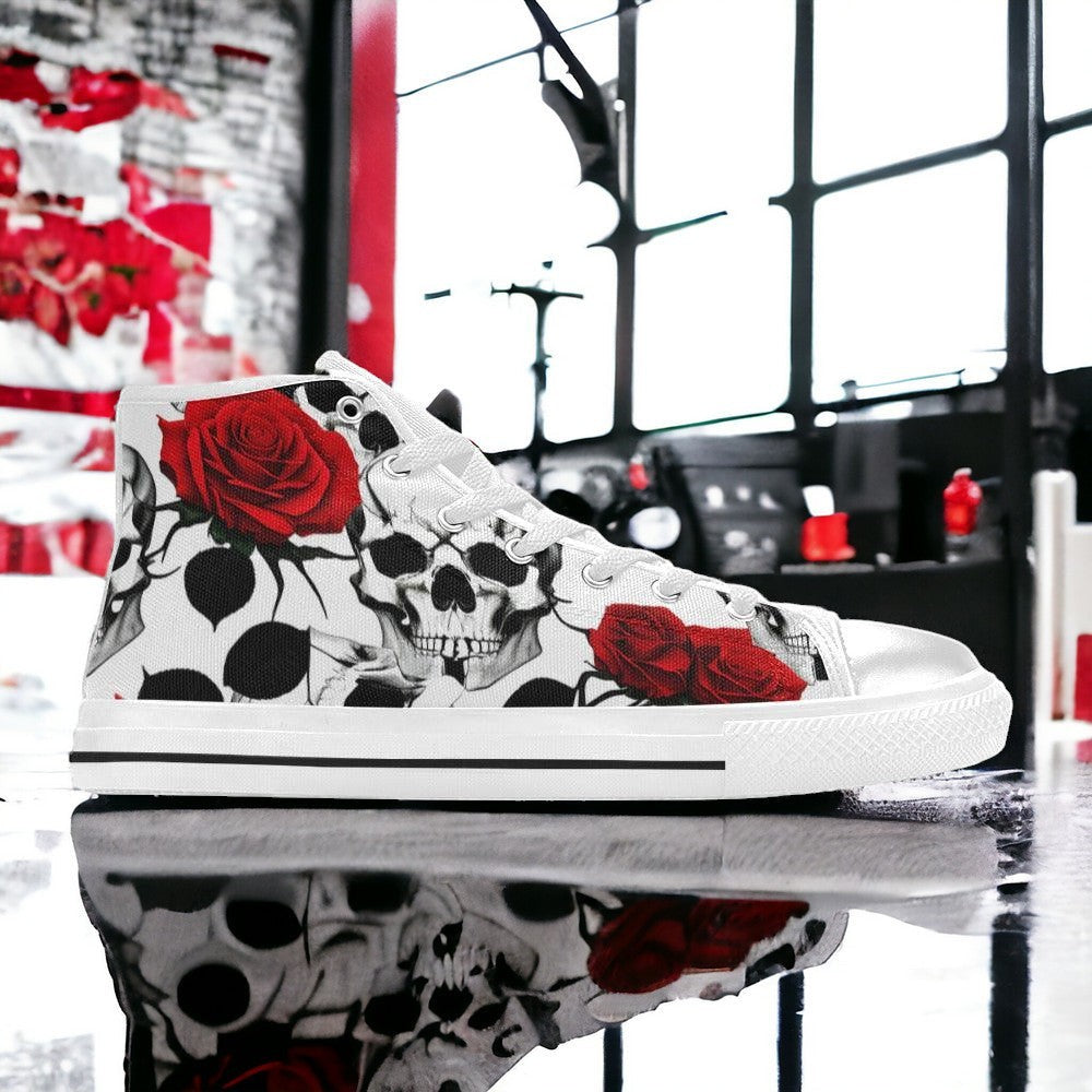 Custom Men's Skulls Roses Deluxe high-top canvas shoes with bold all-over art — Freaky Shoes
