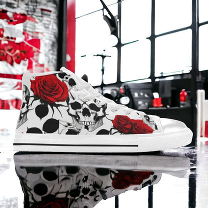 Custom Men's Skulls Roses Deluxe high-top canvas shoes with bold all-over art — Freaky Shoes