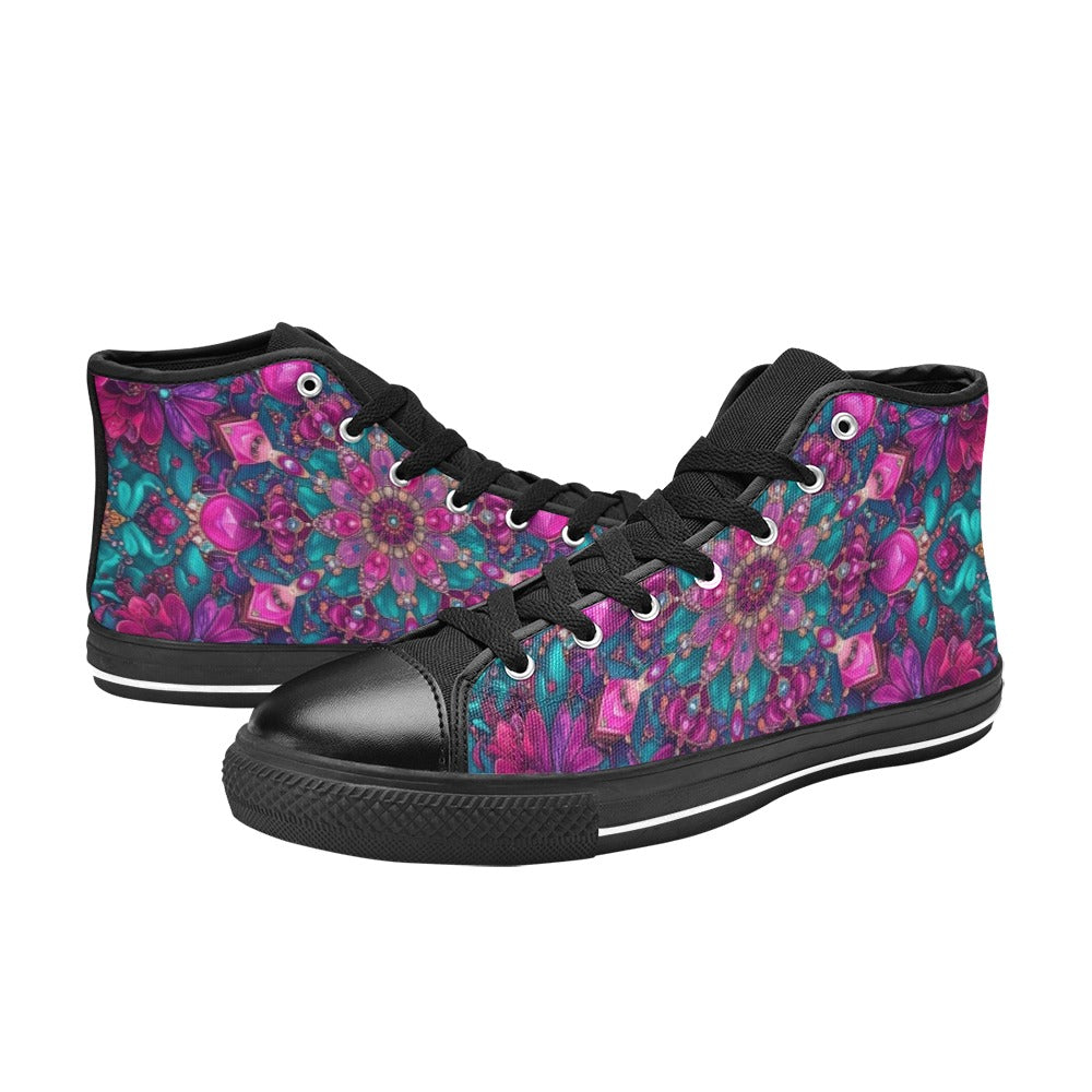 WOMEN'S Feminine Jeweled Skull High Top Canvas Neon Fantasy Custom Shoes