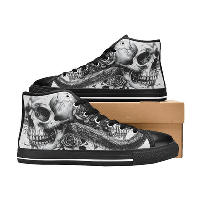 Monochrome Skull Butterfly Men's Gothic Art High Top Canvas Shoes | Freaky Shoes®