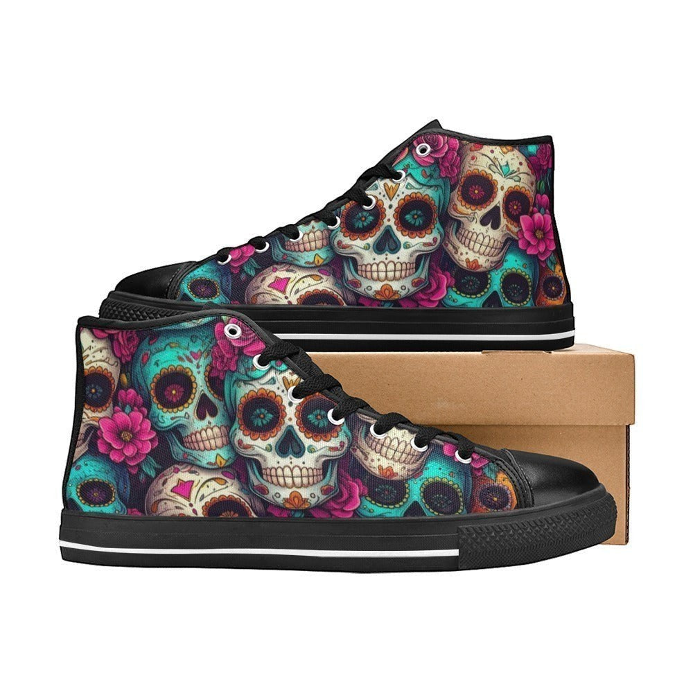 Freaky Shoes® custom art sneakers with vibrant sugar skull and floral designs, made to order.