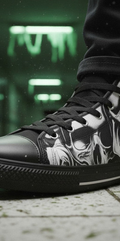 Men's Cartoon Skulls & Roses custom high-top canvas shoes — wearable art by Freaky Shoes