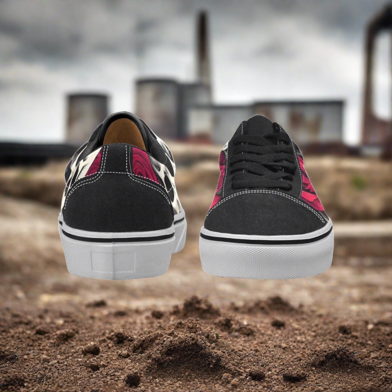 Custom Men's 8x Skulls & Roses low-top canvas shoes with bold all-over art — Freaky Shoes