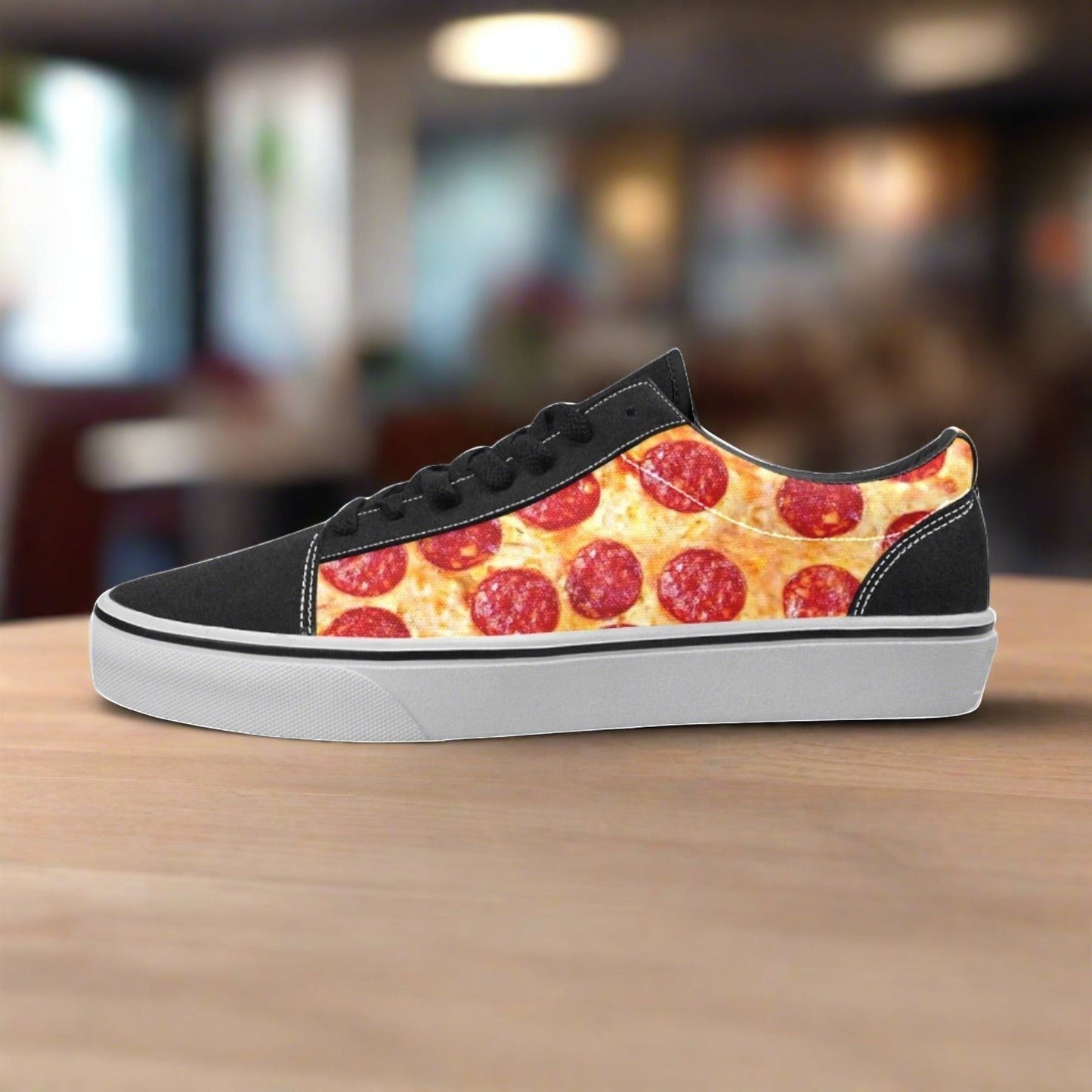 Men's Pepperoni Pizza low-top canvas shoes, custom full-wrap printed design — Freaky Shoes