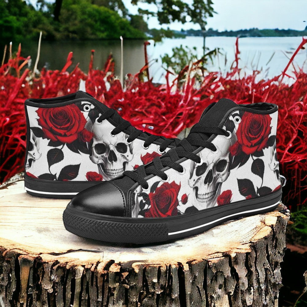 Women's Skulls Roses Deluxe hand-made high-top canvas shoes — unique wearable art by Freaky Shoes