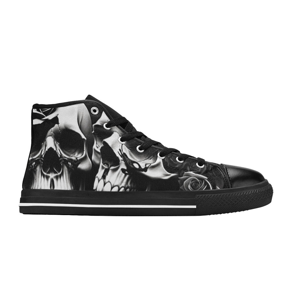 WOMEN'S Greyscale Style Skulls Roses High Top Canvas Grunge Shoes