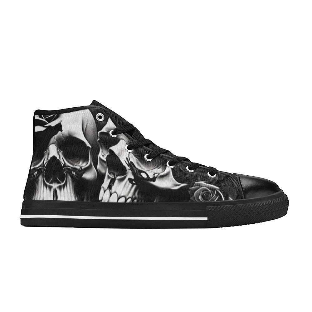 Freaky Shoes custom art sneakers with black and white skull art, made to order