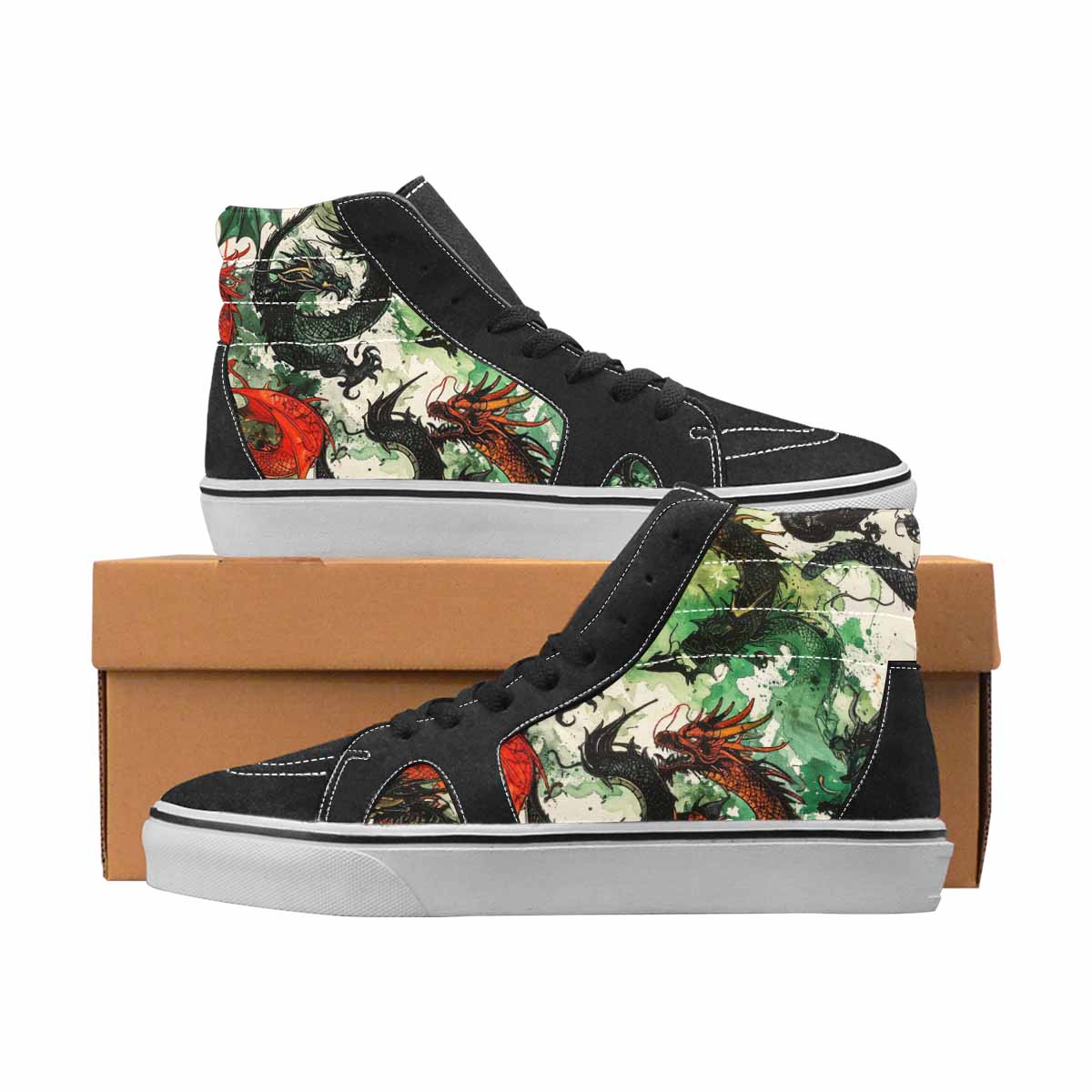 WOMEN'S Dragons Black & Green Ink High Top Canvas Original Design Aesthetic Custom Art Shoes