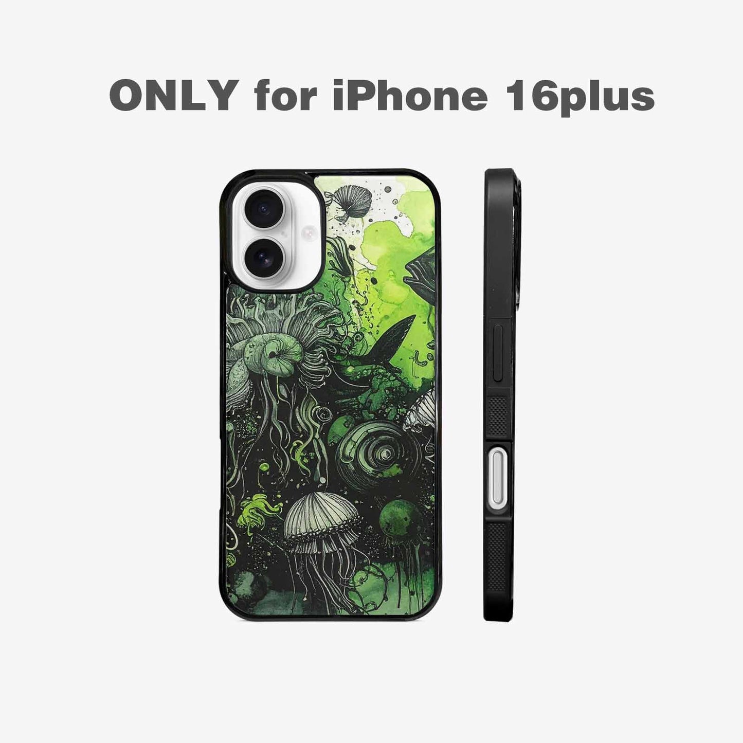 iPhone 16 Plus Case — Sea Creature Burst Black Green Ink, Original Design Phone Case