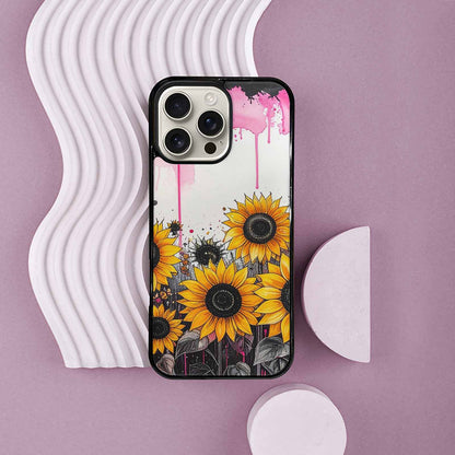 iPhone 16 Pro Max Case — Sunflower Burst Black Pink Ink Sunflowers, Custom Made Phone Cover
