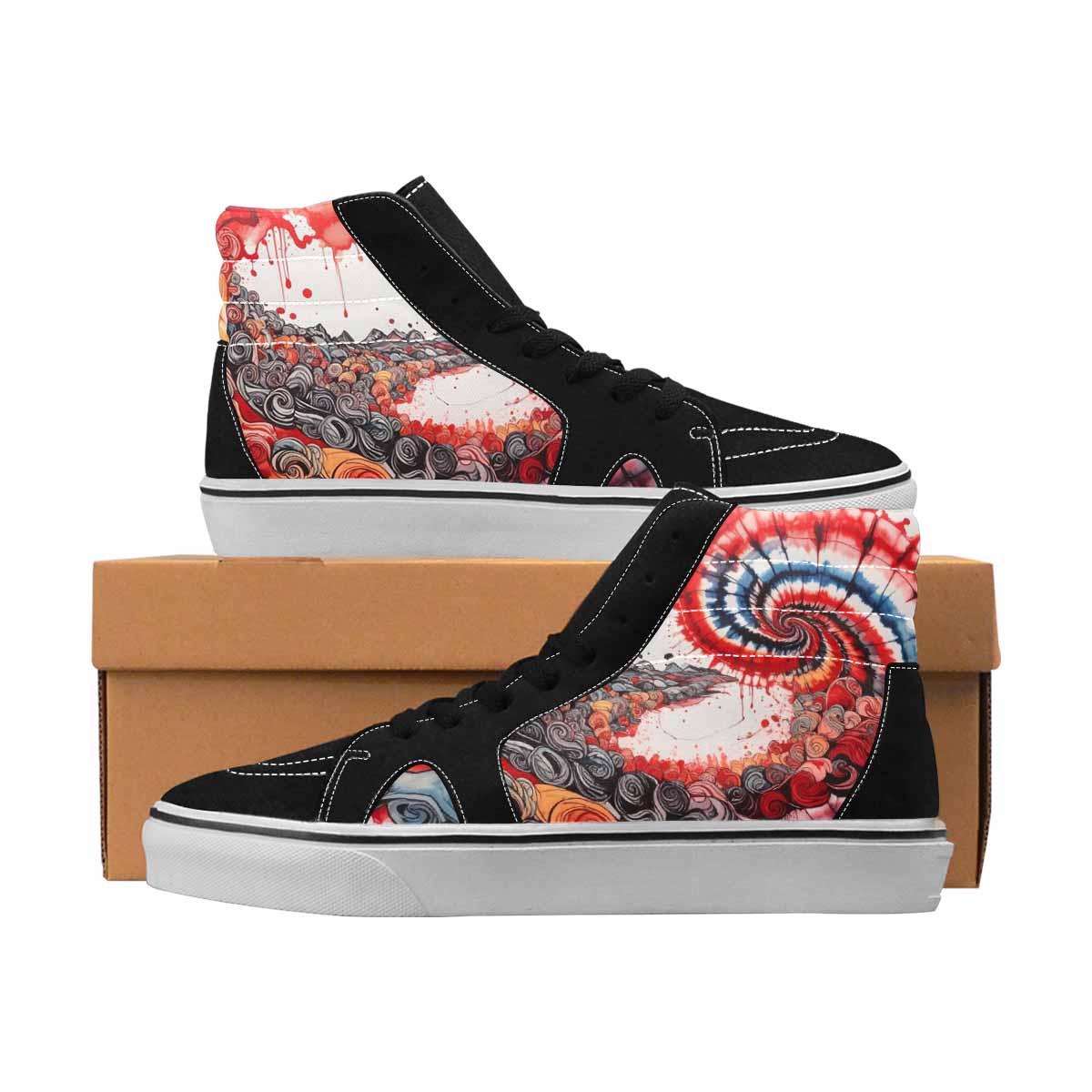 MEN'S Tie Dye Black & Red Ink High Top Canvas One Of A Kind Grunge Custom Streetwear Shoes