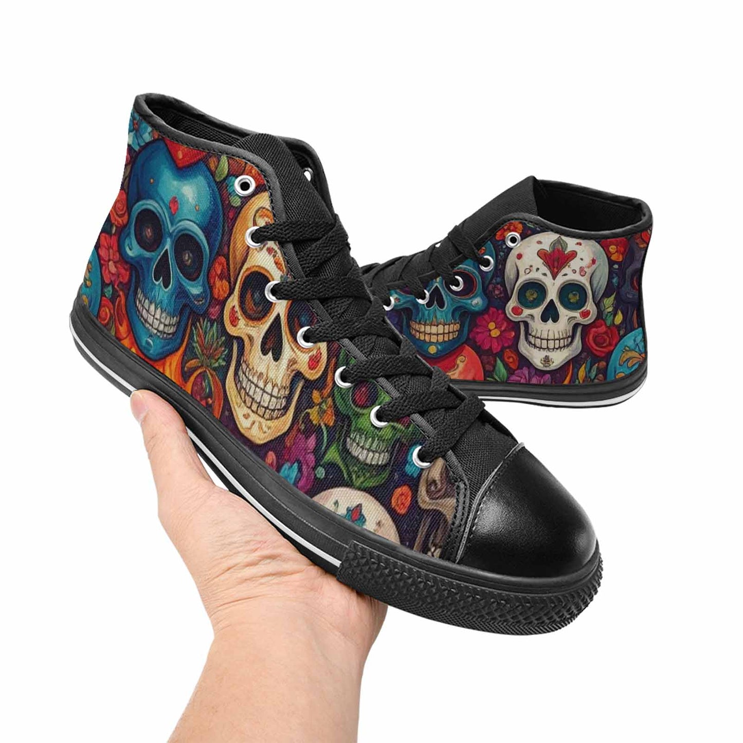 WOMEN'S Skull High Top Canvas Wallpaper Art Custom Sneakers