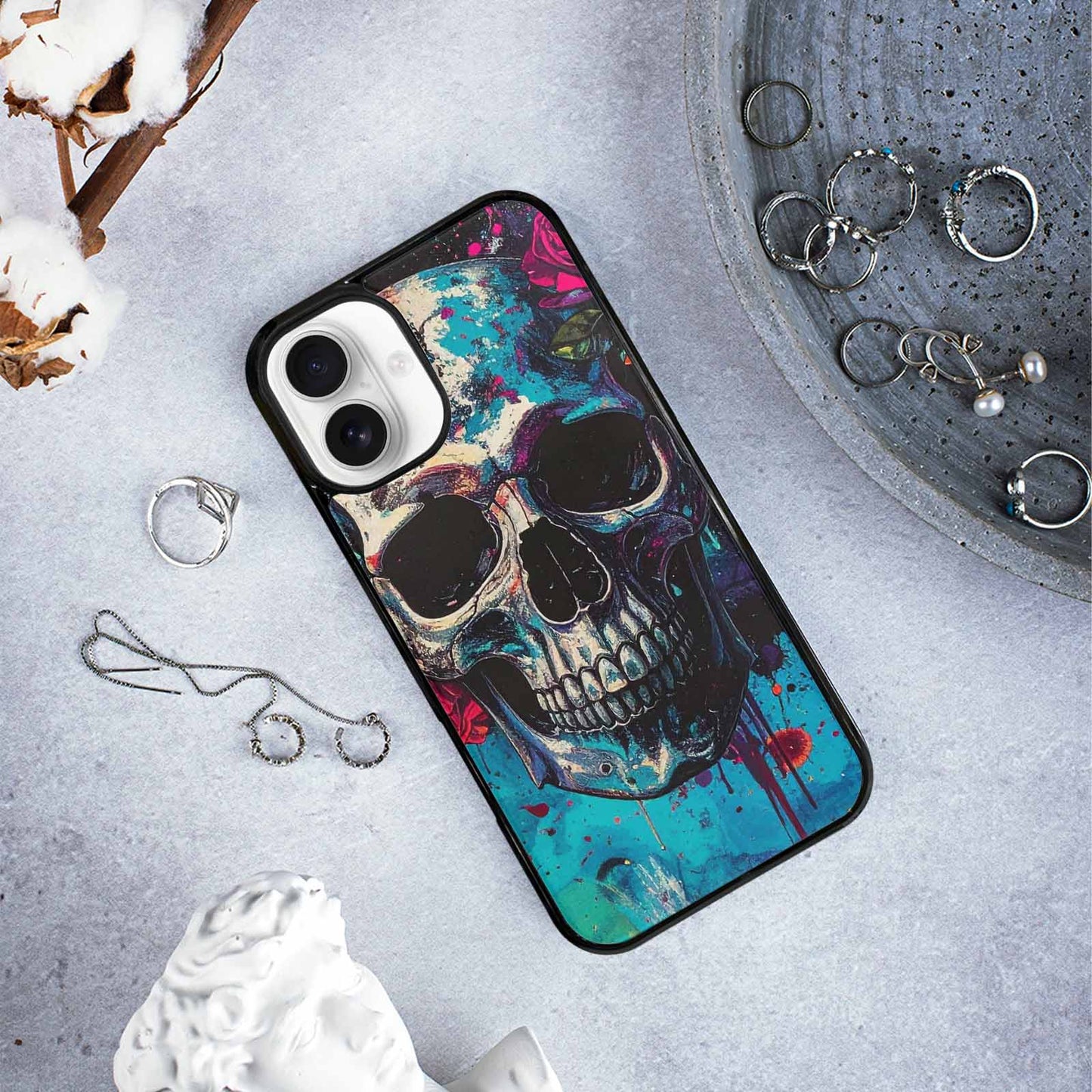 iPhone 16 Plus Case — Skulls Roses Acid Wash Custom, Customized Protective Case