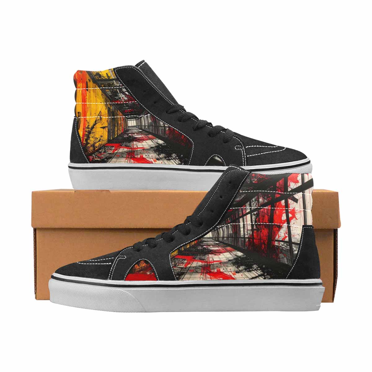 WOMEN'S Liminal Black & Red Ink High Top Canvas Streetwear Grunge Custom Printed Shoes