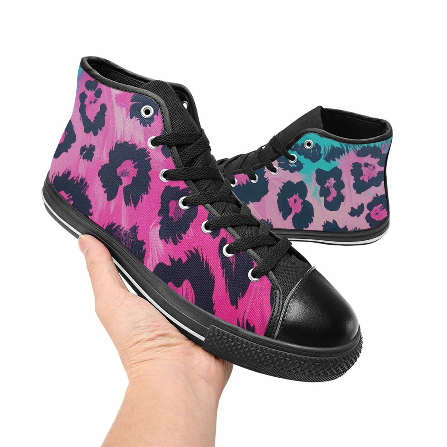 WOMEN'S Leopard Neon Pink Teal Airbrush High Top Canvas Grunge Sneakers