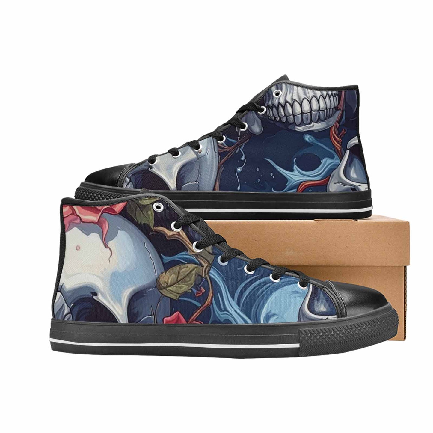 WOMEN'S Skulls Roses Chrome Airbrush High Top Canvas Aesthetic Shoes