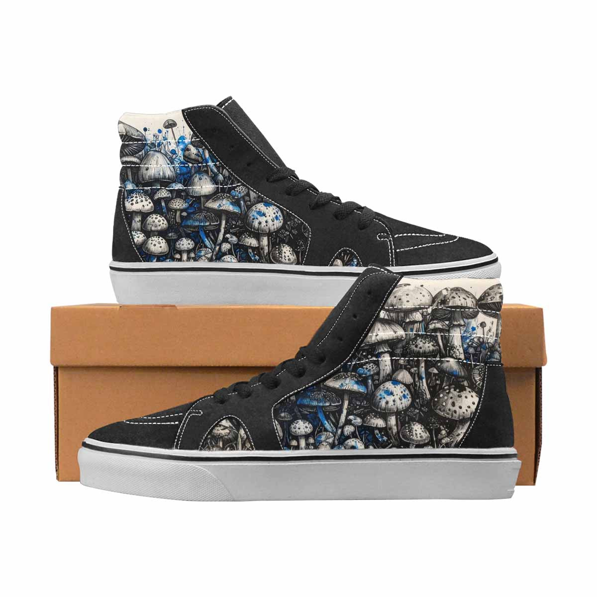 WOMEN'S Mushrooms Black & Blue Ink High Top Canvas Wearable Art Vivid Handmade Custom Shoes