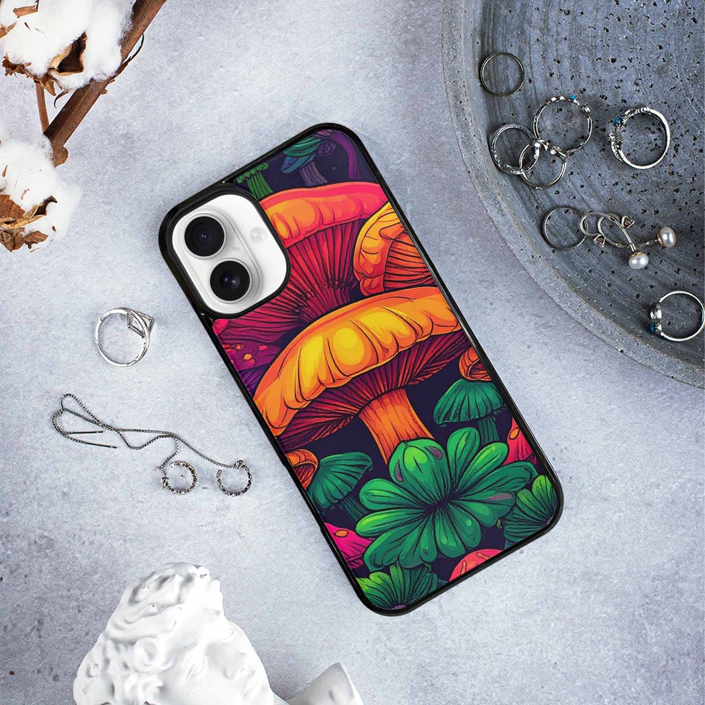 iPhone 16 Plus Case — Psychedelic Mushroom Cartoon Pattern, Original Design Phone Case