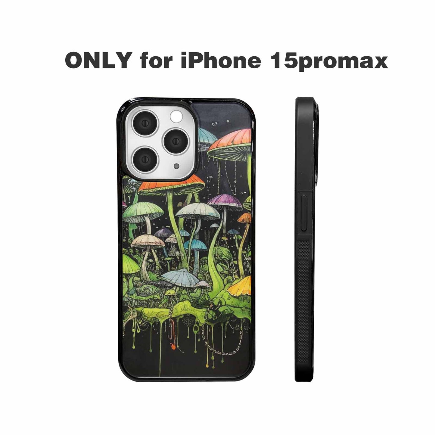 iPhone 15 Pro Max Case — Rainbow Drip Mushrooms Black Green Ink, Unique Phone Case Design