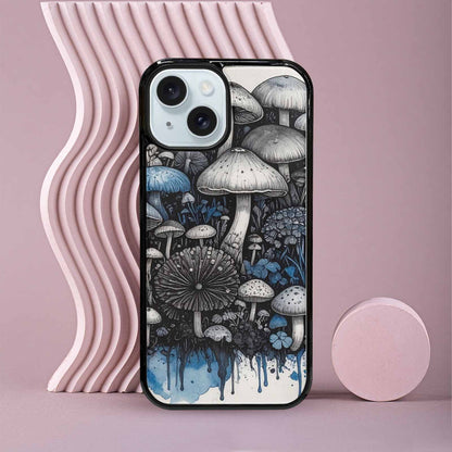 iPhone 15 Case — Mushrooms General Black Blue Ink Mushrooms, Custom Phone Case