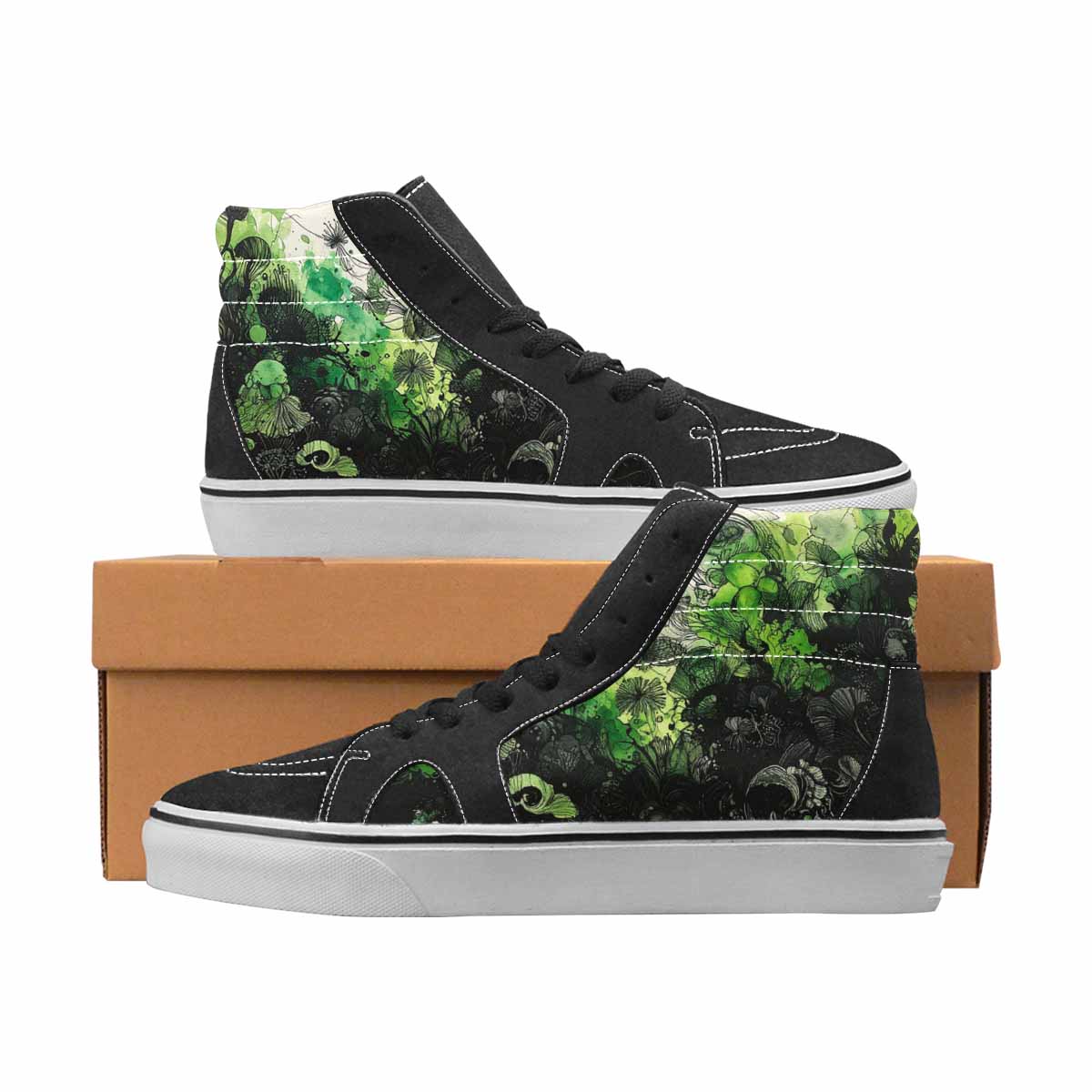 WOMEN'S Sea Creatures Black & Green Ink High Top Canvas Statement Vivid Custom Shoes