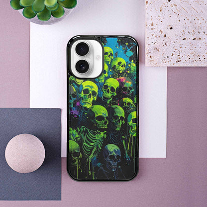 iPhone 16 Case — Skeletons Neon Green Glow Skeletons Pattern, Custom Made Phone Cover