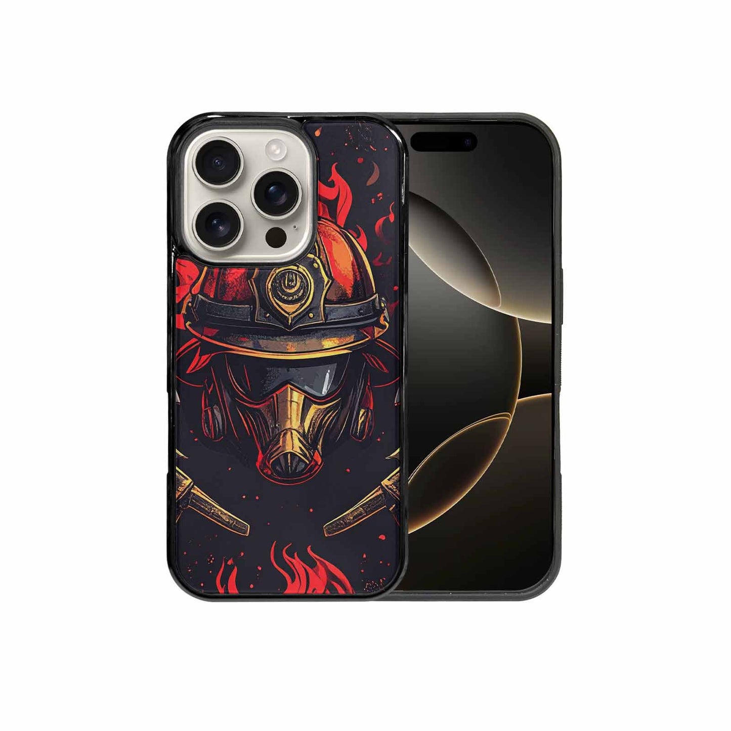 iPhone 16 Pro Case — Firefighter Pattern Flames Axes Helmets Seamless, Custom Art Phone Cover