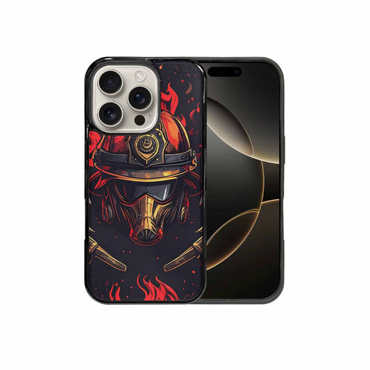 iPhone 16 Pro Case — Firefighter Pattern Flames Axes Helmets Seamless, Custom Art Phone Cover