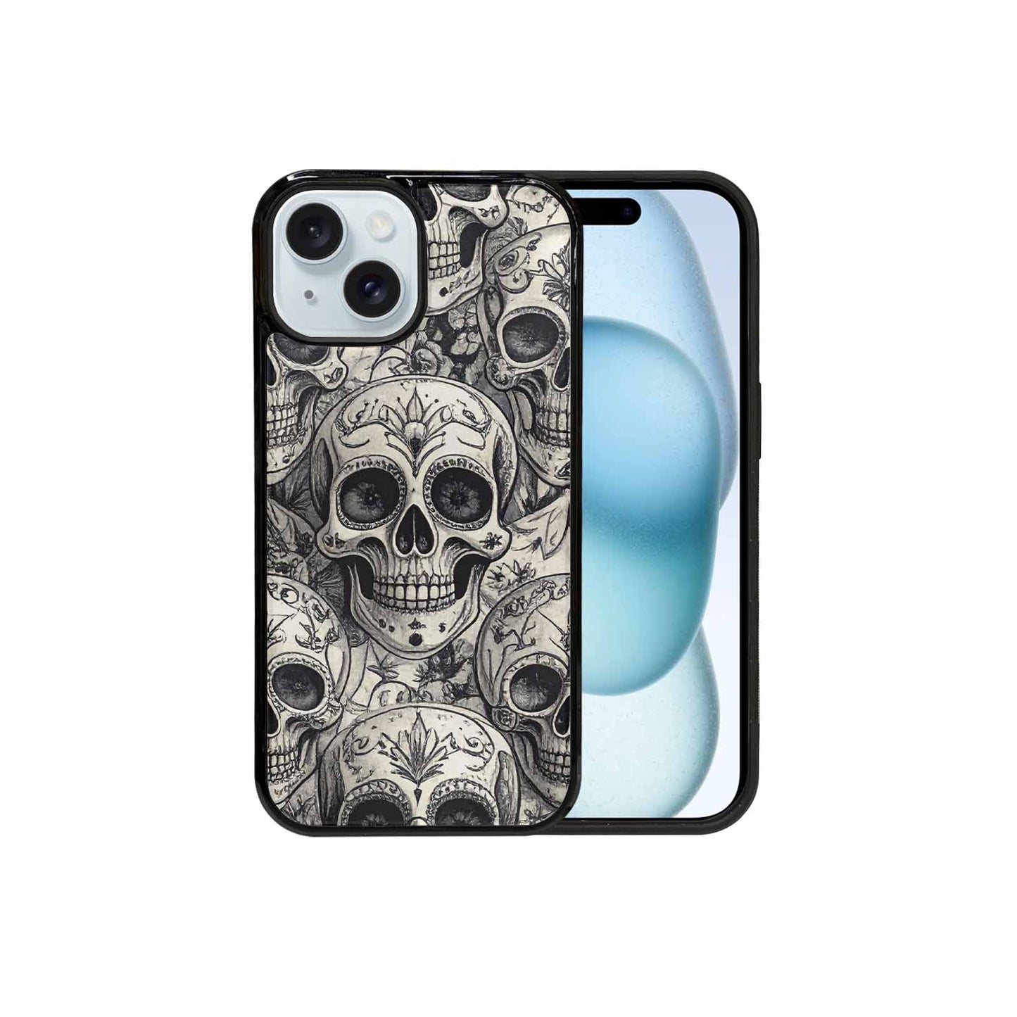 iPhone 15 Case — Intricately Detailed Sugar Skulls In Black, Custom Print Case Cover