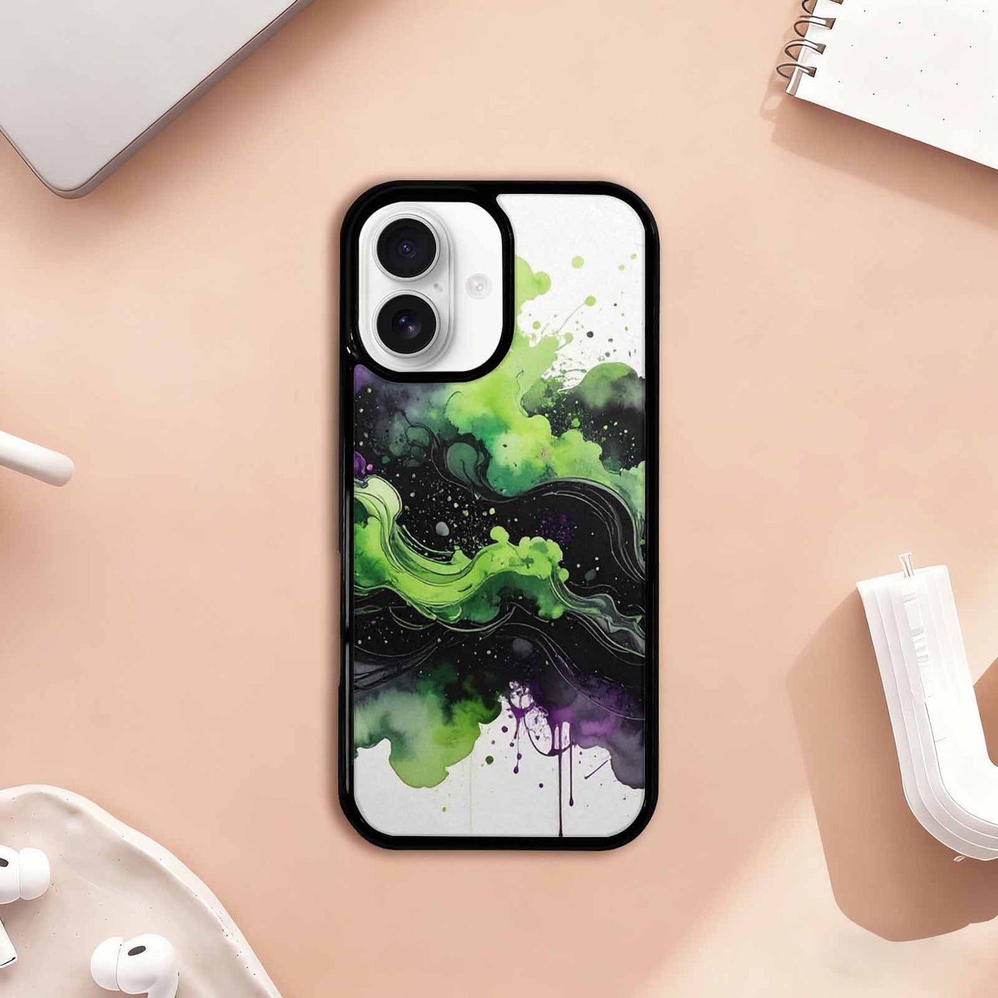 iPhone 17 Case — Black &amp; Green Ink Galaxy Space, Customized Protective Case