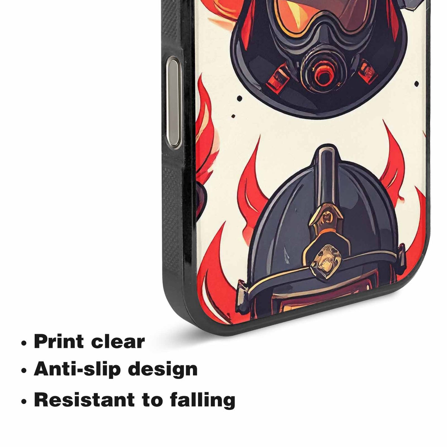 iPhone 16 Pro Max Case — Firefighter Pattern Flames Axes Helmets Seamless, Customized Protective Case