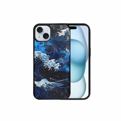 iPhone 15 Plus Case — Nautical Wave Black Blue Ink Wave, Personalized Phone Case