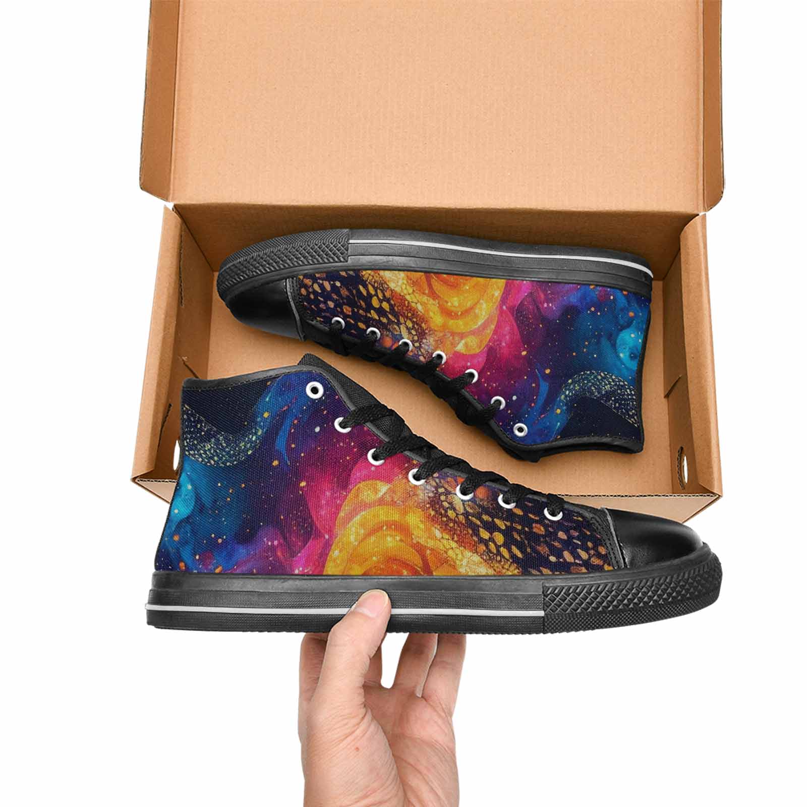 WOMEN'S Galaxy Snake Print High Top Canvas Wallpaper Art Custom Sneakers