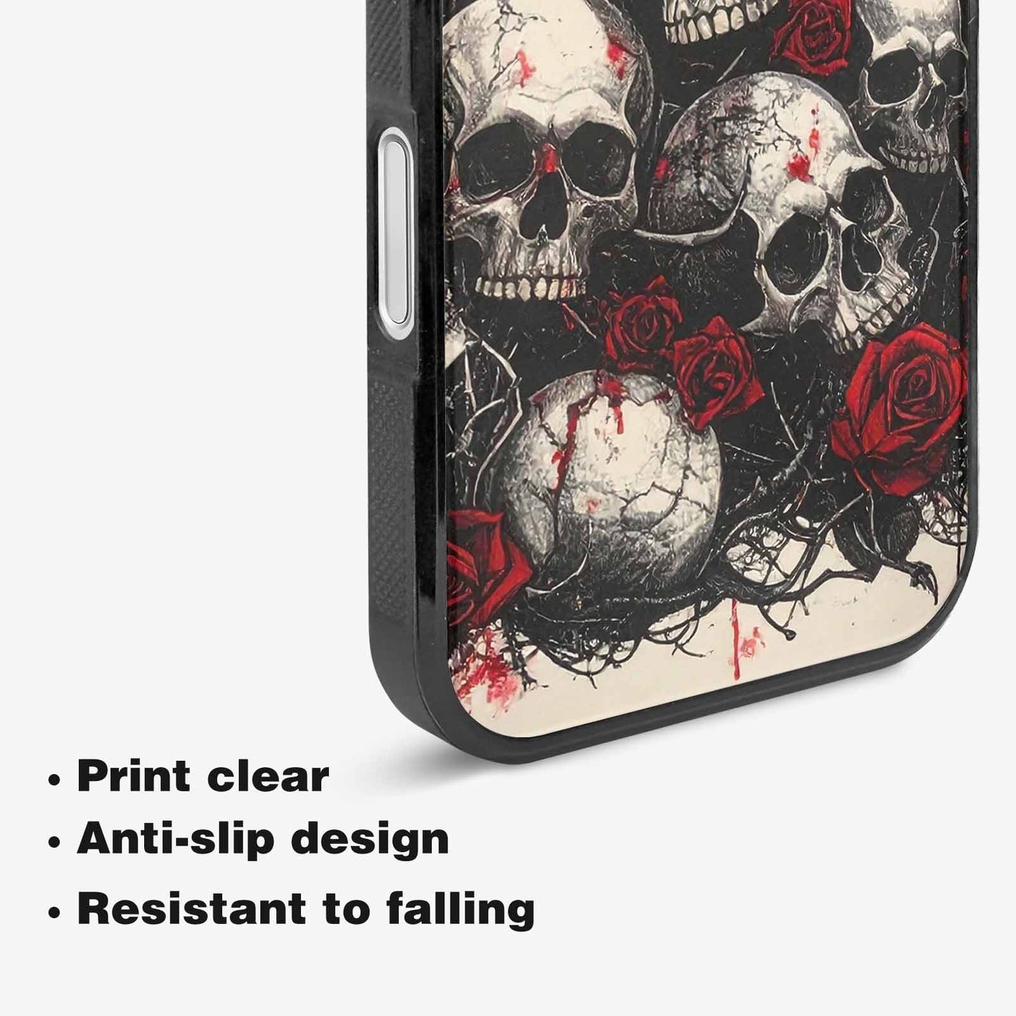 iPhone 16 Plus Case — Skull And Roses Black Red Ink, Custom Printed Phone Case