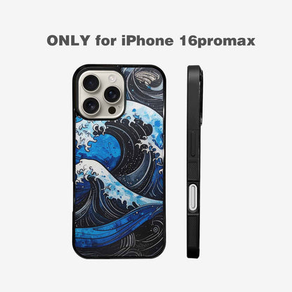 iPhone 16 Pro Max Case — Nautical Wave Black Blue Ink Wave, Custom Made Phone Cover