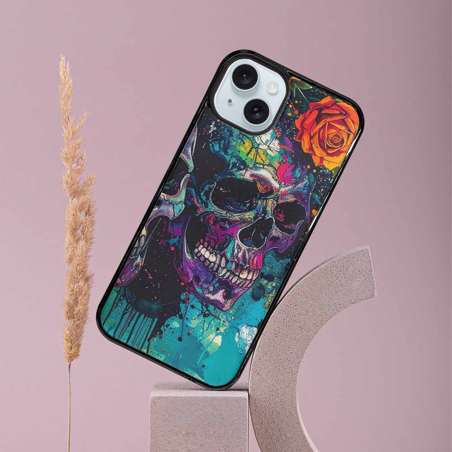 iPhone 15 Plus Case — Skulls Roses Acid Wash, Custom Phone Case